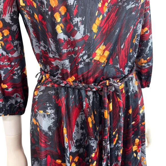 Vintage 70s Artsy Dress Womens Large Red Gray Abstract Print Braided Belt Fit An - Picture 7 of 11